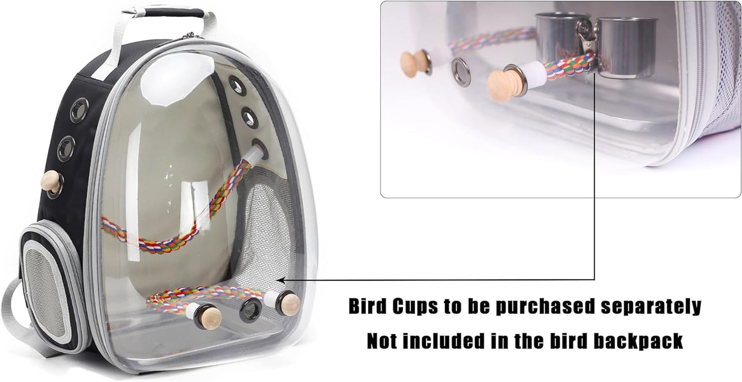 Bird Travel Carrier Cage - Clear Space Capsule Astronaut Backpack for Parakeets, Cockatiels, and Parrots with Metal Tray and Wood Perch, Ideal for Veterinary Transport and School Use