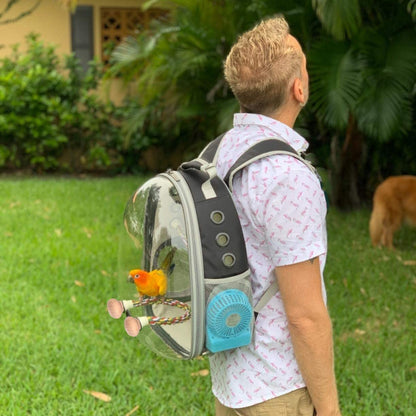Bird Travel Carrier Cage - Clear Space Capsule Astronaut Backpack for Parakeets, Cockatiels, and Parrots with Metal Tray and Wood Perch, Ideal for Veterinary Transport and School Use