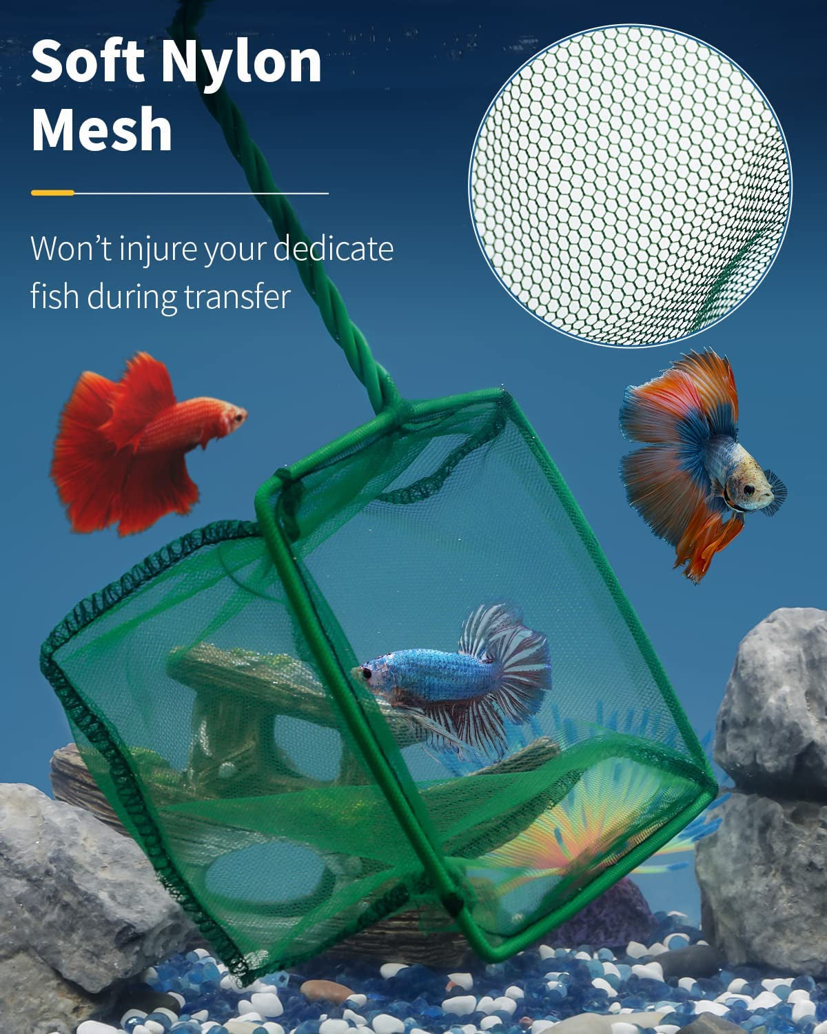 Professional Aquarium Fish Net with Braided Metal Handle - Square Soft Fine Mesh for Skimming Sludge and Food Residue in Fish Tanks, Small Koi Ponds, and Pools