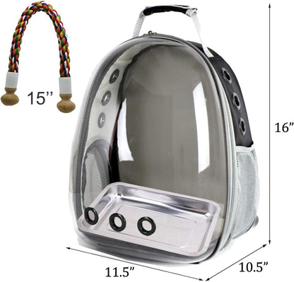 Bird Travel Carrier Cage - Clear Space Capsule Astronaut Backpack for Parakeets, Cockatiels, and Parrots with Metal Tray and Wood Perch, Ideal for Veterinary Transport and School Use