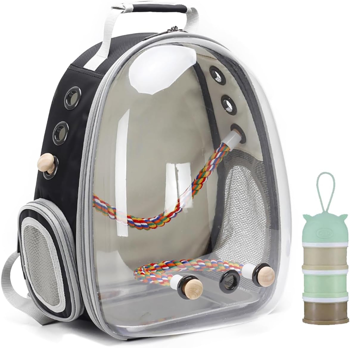 Bird Travel Carrier Cage - Clear Space Capsule Astronaut Backpack for Parakeets, Cockatiels, and Parrots with Metal Tray and Wood Perch, Ideal for Veterinary Transport and School Use