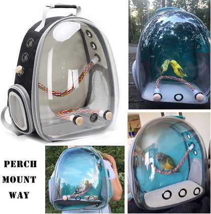 Bird Travel Carrier Cage - Clear Space Capsule Astronaut Backpack for Parakeets, Cockatiels, and Parrots with Metal Tray and Wood Perch, Ideal for Veterinary Transport and School Use