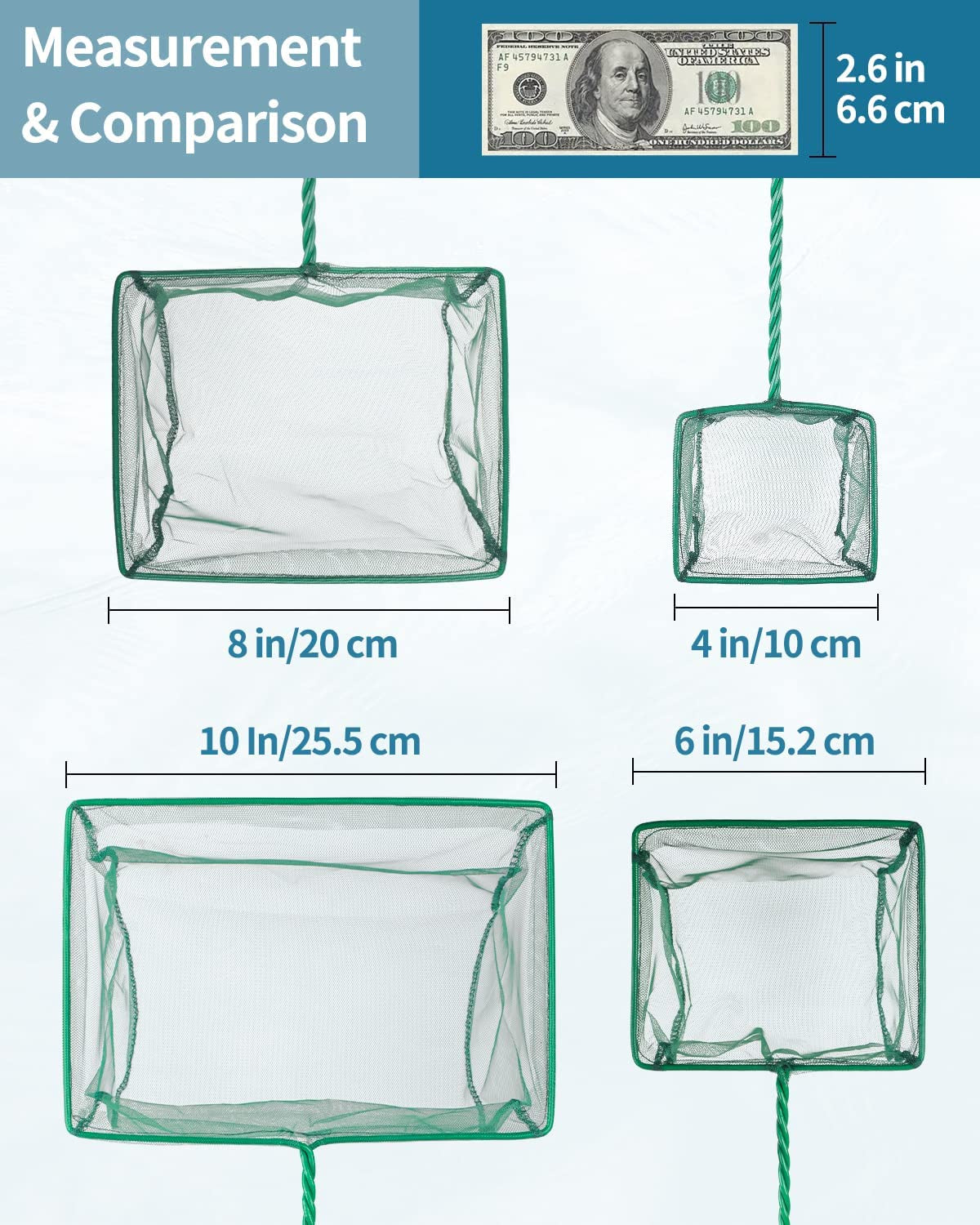 Professional Aquarium Fish Net with Braided Metal Handle - Square Soft Fine Mesh for Skimming Sludge and Food Residue in Fish Tanks, Small Koi Ponds, and Pools